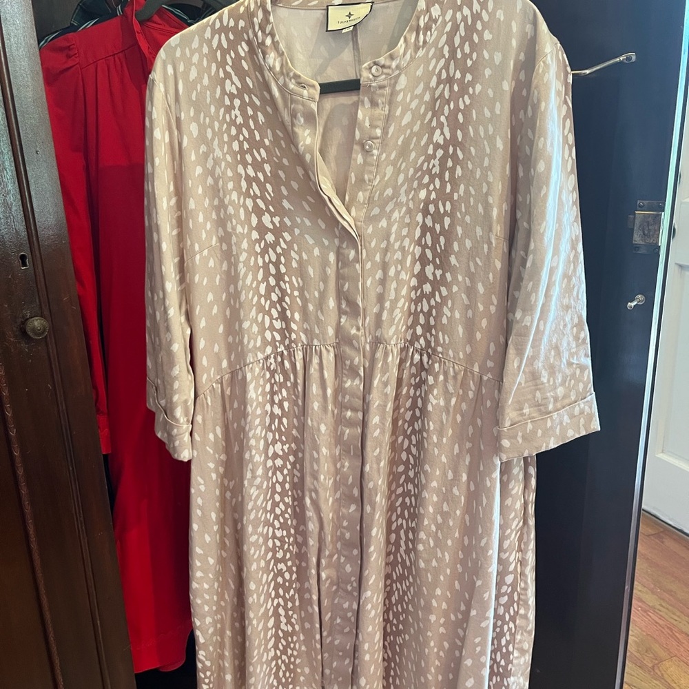 Tuckernuck Tan and White Antelope print shirtdress